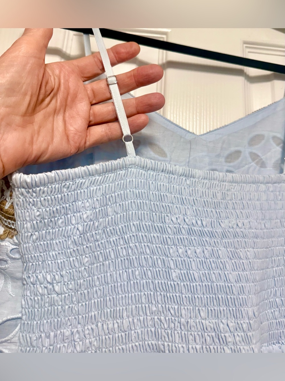 Light Blue Eyelet Midi Dress with Tan Trim - Picture 10 of 12